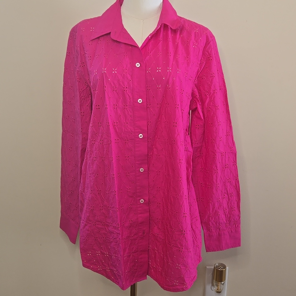 GAP Hot Pink Eyelet Button-Up Shirt Classic Feminine Coastal Preppy Nautical NWT